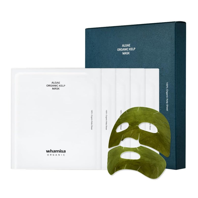 Whamisa Organic Algae Kelp Facial Sheet Mask, De-Puffing, Deep Hydration, Soothing, Moisturizing, Postbiotics, Fermentation (5 PCS/Pack) - Image 1